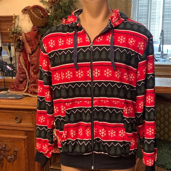 Christmas Men’s Fleece Christmas Hoodie Sweatshirt Snow Flakes Trees NEW M/L - Picture 1 of 6
